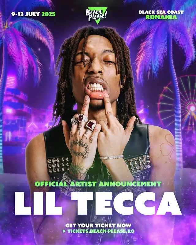 Official Beach, Please! 2025 festival announcement poster featuring rapper Lil Tecca. The image showcases Lil Tecca posing with his fingers on his teeth, wearing rings, a studded vest, and a diamond bracelet. The background is a vibrant neon-lit festival scene with palm trees, ferris wheels, and purple lighting. The text highlights the festival dates, July 9-13, 2025, at the Black Sea Coast, Romania, and includes a ticket link: tickets.beach-please.ro.