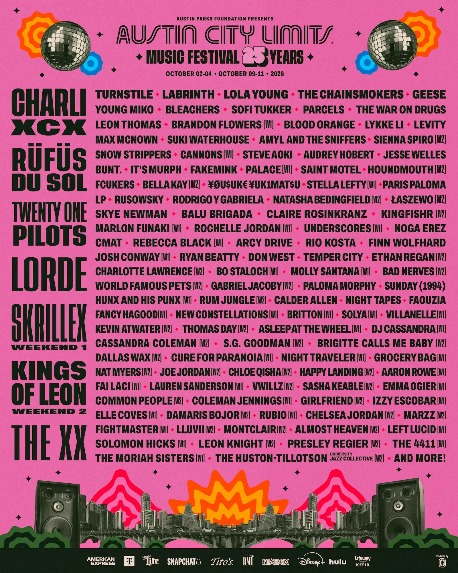 Austin City Limits Music Festival 2026: Charli XCX, RÜFÜS DU SOL and Twenty One Pilots Lead ACL's 25th Anniversary Lineup