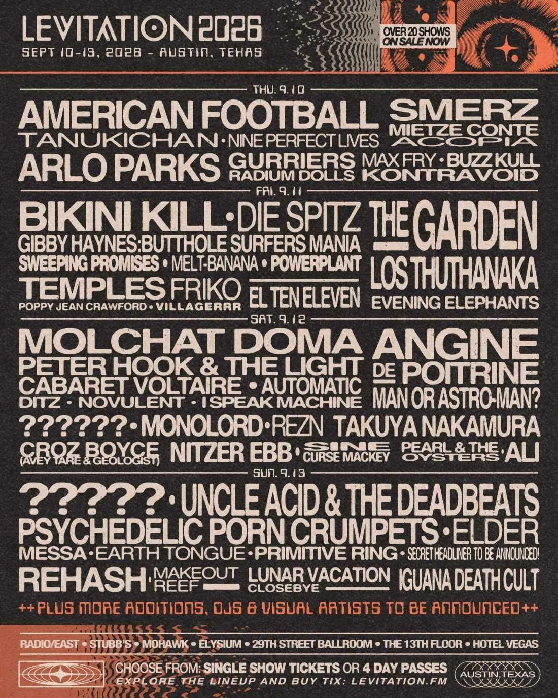 Levitation 2026: American Football, Bikini Kill and Molchat Doma Lead Austin Lineup