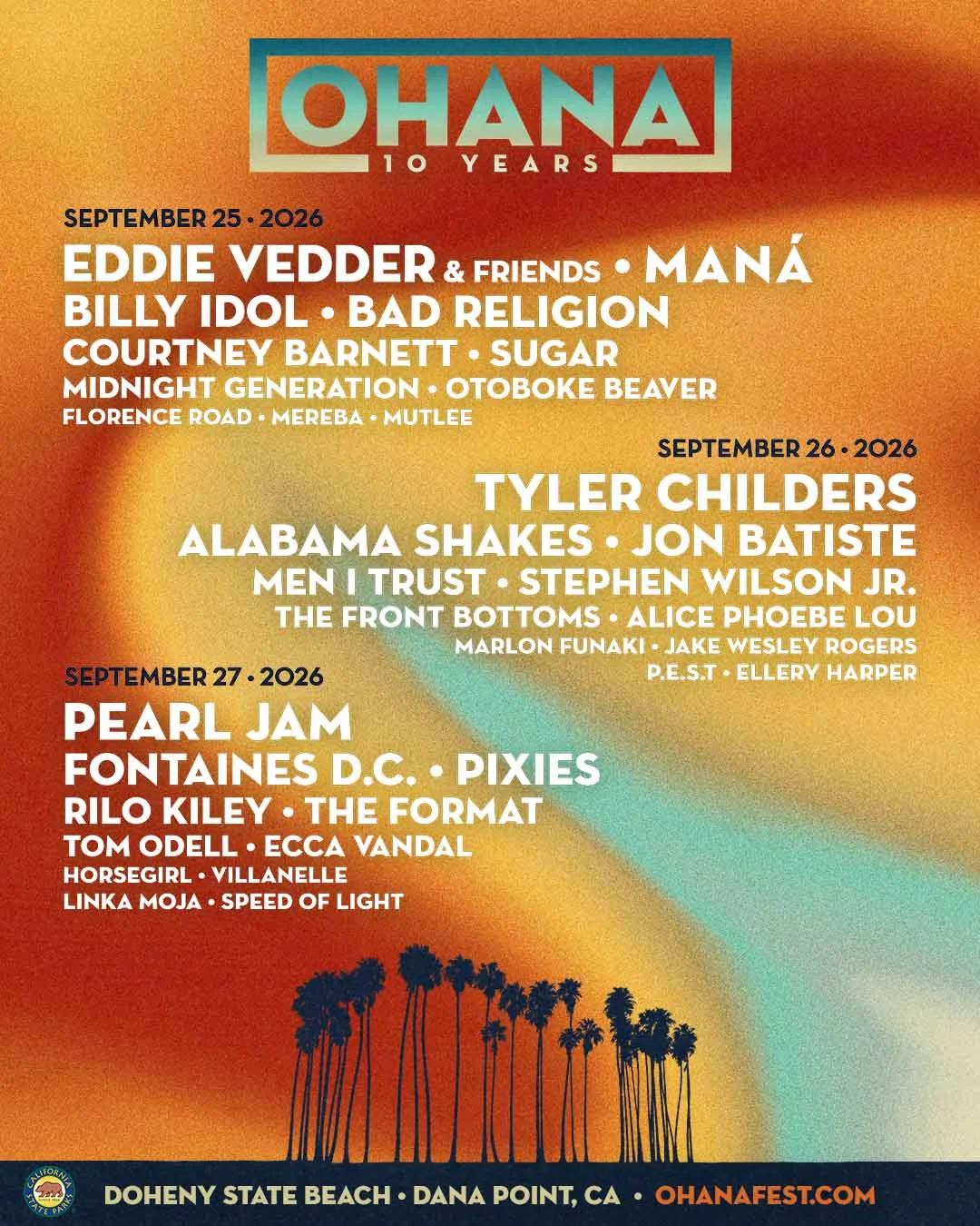 Ohana Festival 2026: Pearl Jam, Maná and Tyler Childers Lead 10th Anniversary Lineup